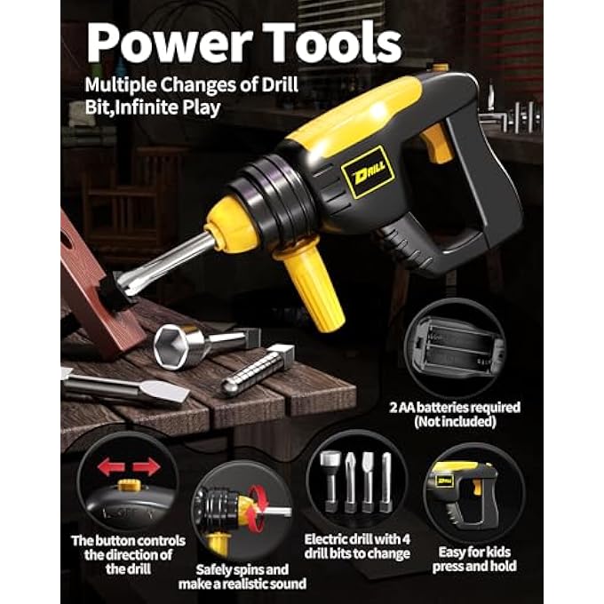 TOOL SET WITH TOOL BOX & ELECTRONIC TOY DRILL, PRETEND PLAY KIDS CONSTRUCTION KITS FOR KIDS AGES 3-5 YEARS OLD, TODDLER BOY TOYS - Image 2