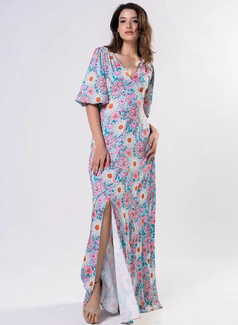 Zigzag Curved V Neck Paneled Satin Printed Dress