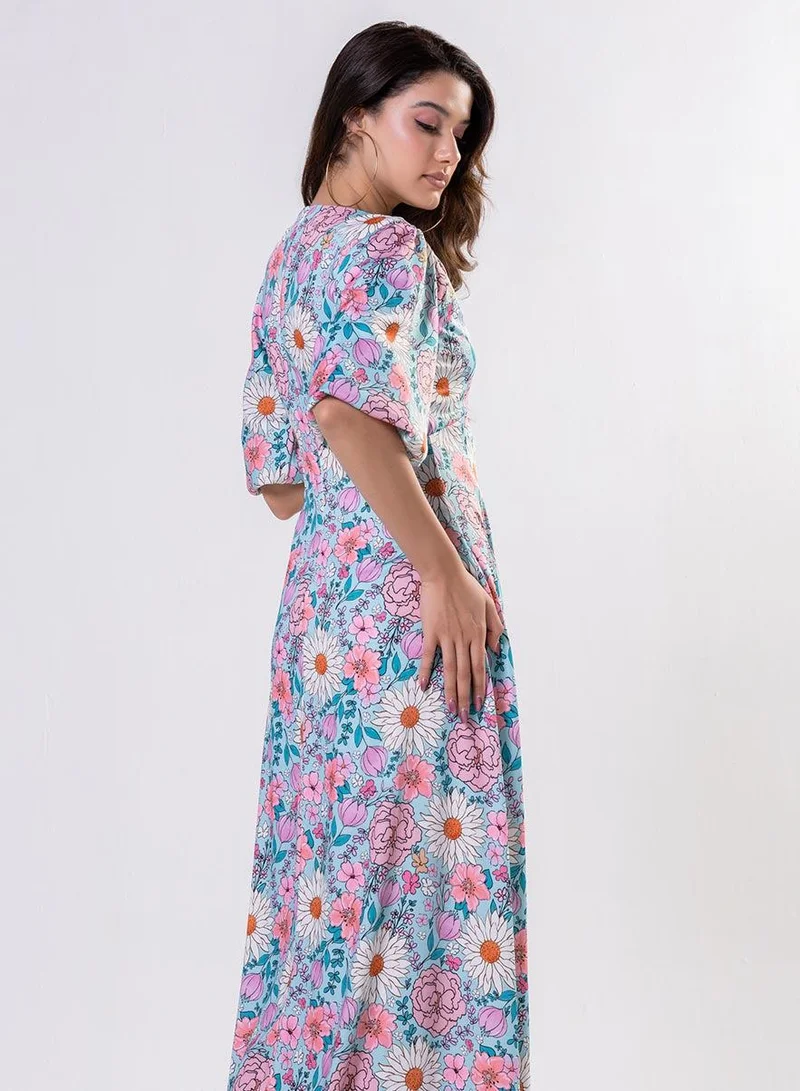 Zigzag  Curved V Neck Paneled Satin Printed Dress for Women | Best Price UAE