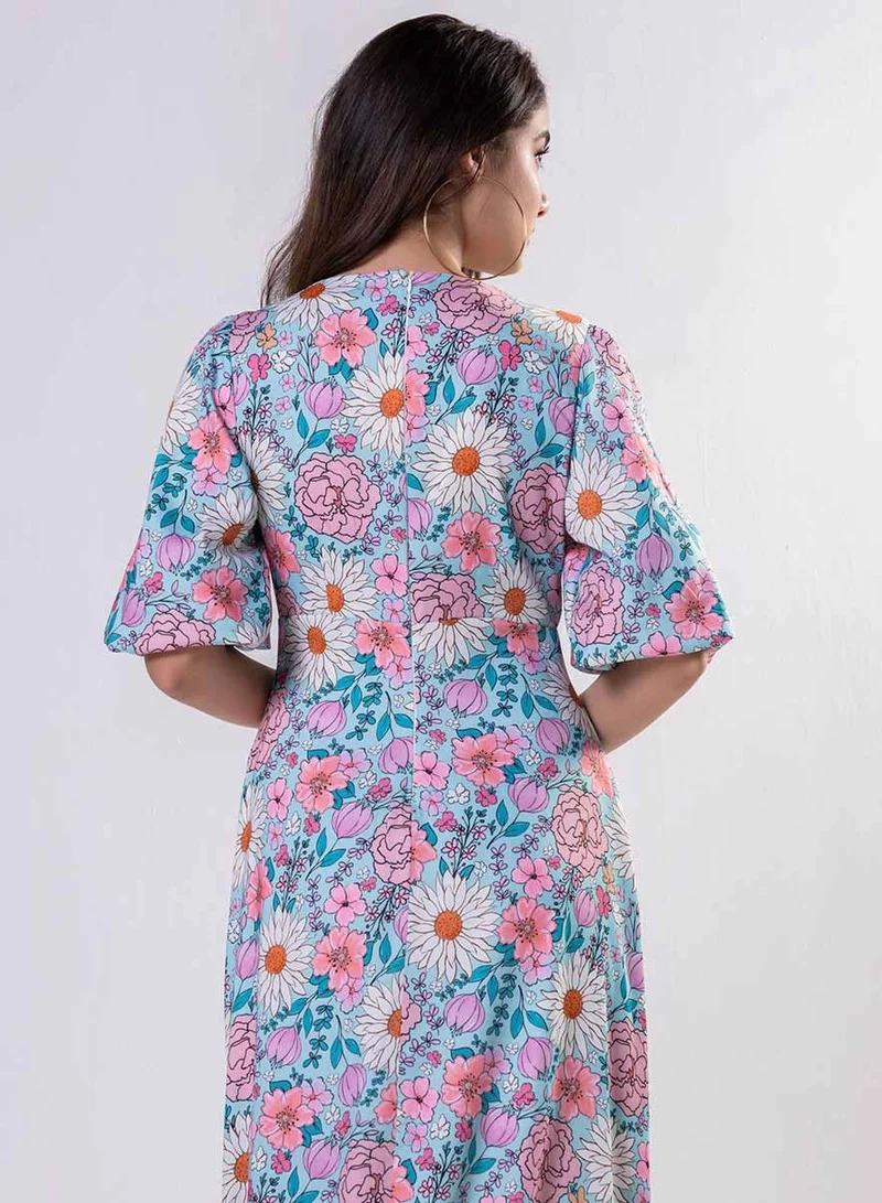 Zigzag  Curved V Neck Paneled Satin Printed Dress for Women | Best Price UAE