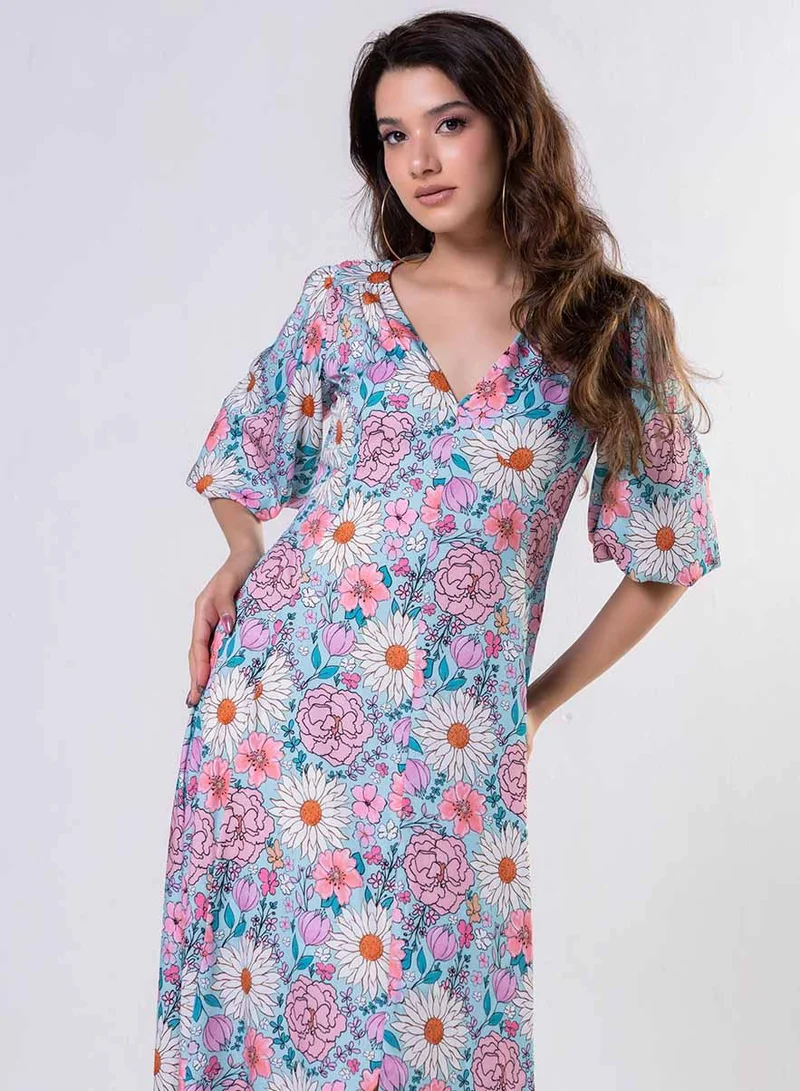 Zigzag  Curved V Neck Paneled Satin Printed Dress for Women | Best Price UAE