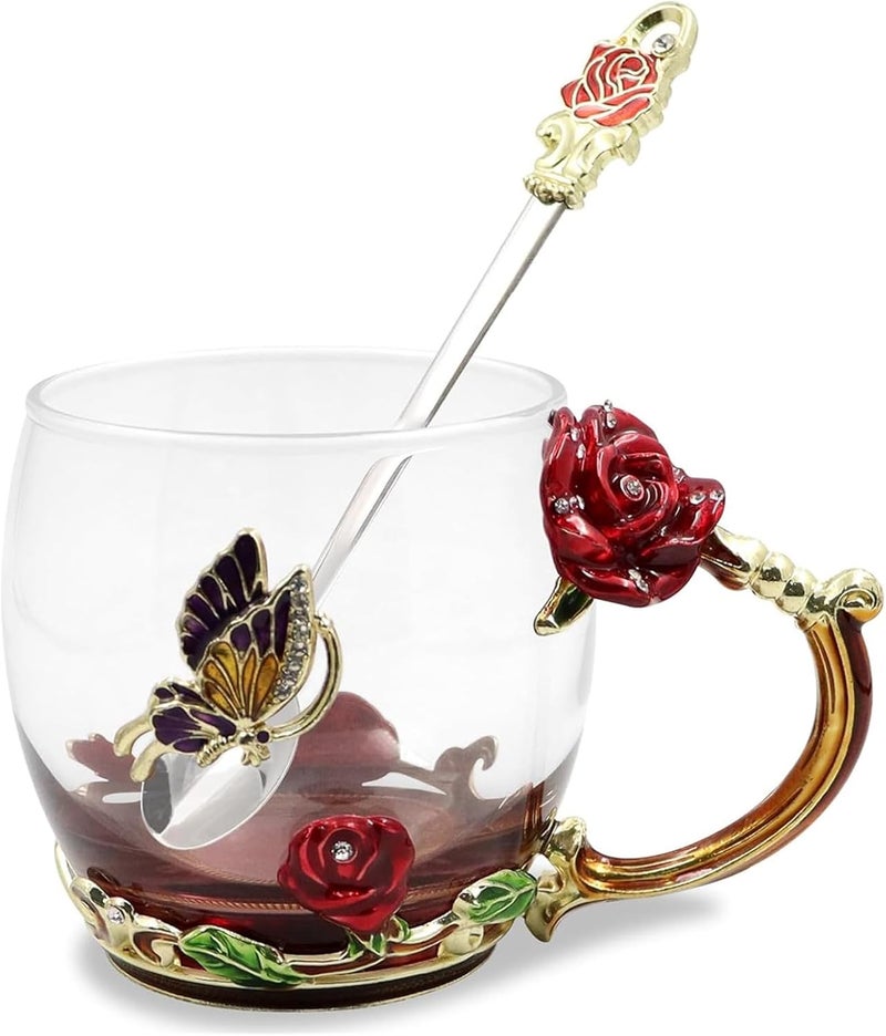 VANUODA Enamels Butterfly Flower Tea Cup, Glass Coffee Mugs with Spoon, Gifts for Birthday Valentines Mothers Day Graduation Christmas, Presents for Women Wife Mom Her Grandma Girls Teacher Friends - Image 1