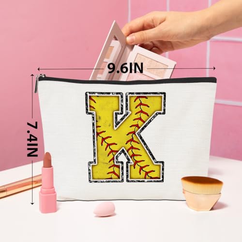 CQM Softball Gifts Initial Makeup Bag Monogrammed Cosmetic Bag Yellow Letter K Zipper Pouch Softball Accessories for Girls Women Player Coaches Friend Graduation Birthday Gifts - Image 4