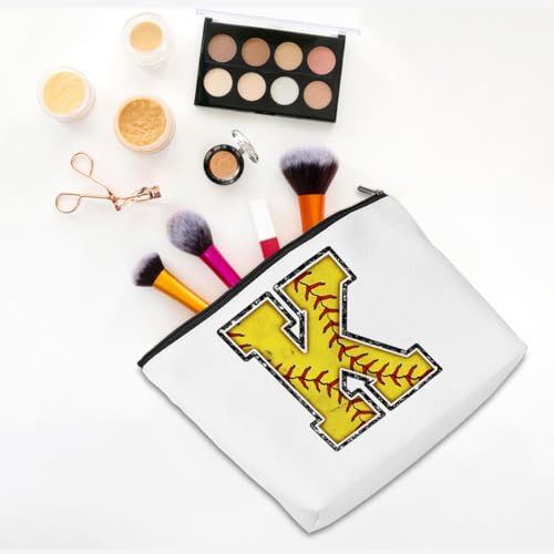 CQM Softball Gifts Initial Makeup Bag Monogrammed Cosmetic Bag Yellow Letter K Zipper Pouch Softball Accessories for Girls Women Player Coaches Friend Graduation Birthday Gifts - Image 3