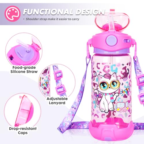 YOYTOO Kids Water Bottle with Straw & Strap for School Kids Girls Boys, 22oz BPA Free Child Drinking Water Bottle One-Click-Open Leak-Proof Locking Flip Lid for Back to School Sport Travel - Image 2