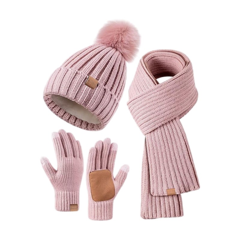 Knitted Beanie Scarf Gloves Set for Women Kids Skin powder, skin on palm, no logo