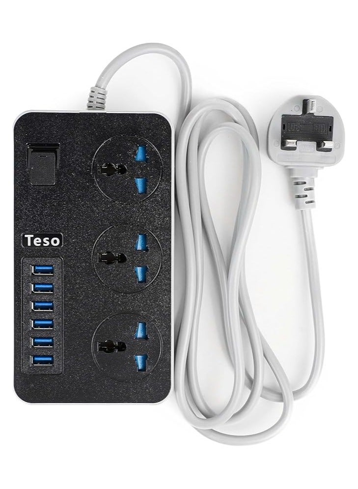 Teso TESO 2M Power Extension Cord with 3 Power Sockets and 6 USB Slots, 3 Electrical Connectors with Fast USB Charging Slots, Heavy Duty Extension Cord - Black - Image 1