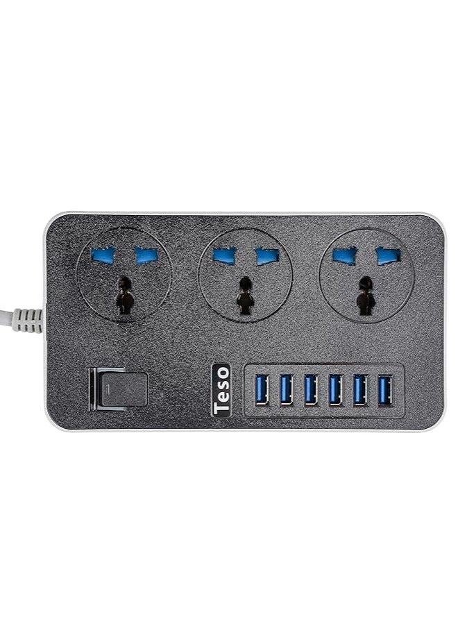 Teso TESO 2M Power Extension Cord with 3 Power Sockets and 6 USB Slots, 3 Electrical Connectors with Fast USB Charging Slots, Heavy Duty Extension Cord - Black - Image 3