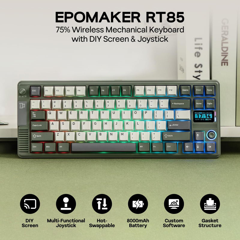 EPOMAKER لوحة مفاتيح ميكانيكية لاسلكية EPOMAKER RT85 مع عصا التحكم وشاشة DIY، 8000mAh، BT/USB/2.4Ghz، حشوة، 5 طبقات من الوسائد، تبديل ساخن، غطاء مفاتيح PBT، لوحة مفاتيح للألعاب بنسبة 75% (أخضر عسكري، لافندر خطي) - Image 2