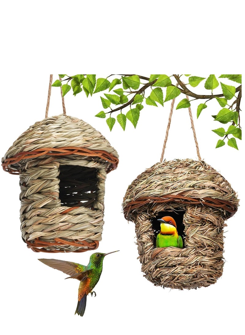 KASTWAVE Hummingbird House 2Pcs Hanging Hummingbird Nest Natural Straw Braided Bird Hut Mushrooms-Shaped Protective Bird House for Outdoors - Image 1