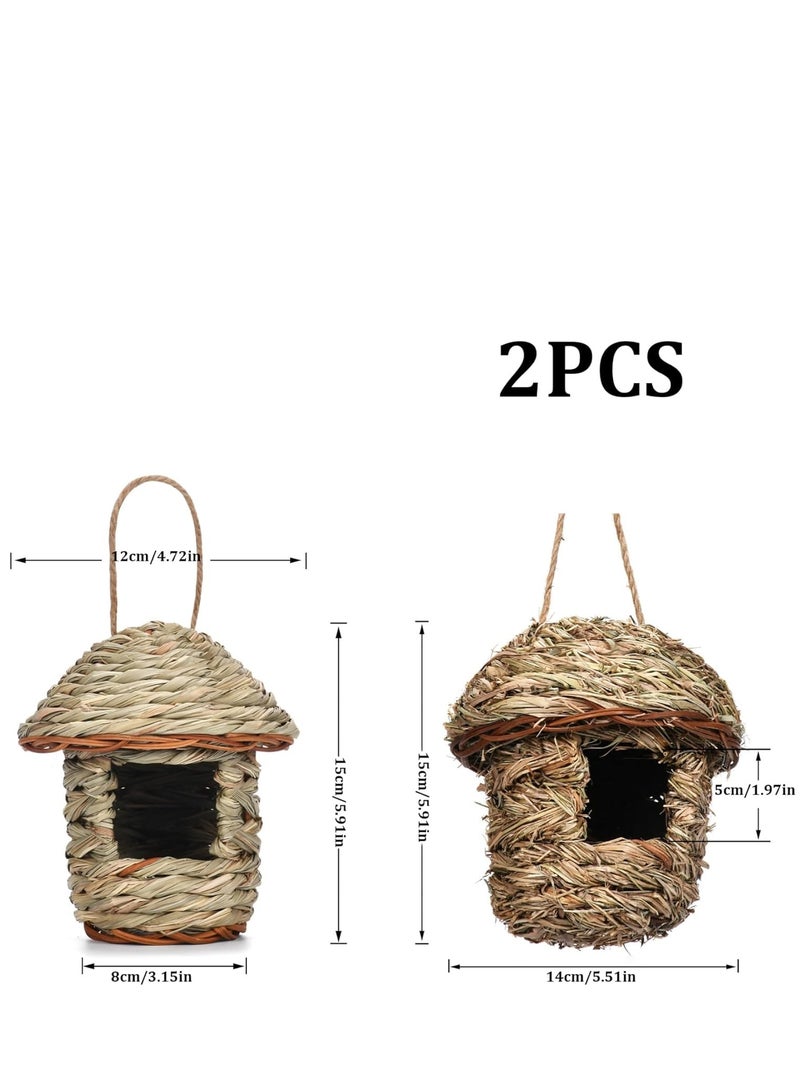 KASTWAVE Hummingbird House 2Pcs Hanging Hummingbird Nest Natural Straw Braided Bird Hut Mushrooms-Shaped Protective Bird House for Outdoors - Image 4