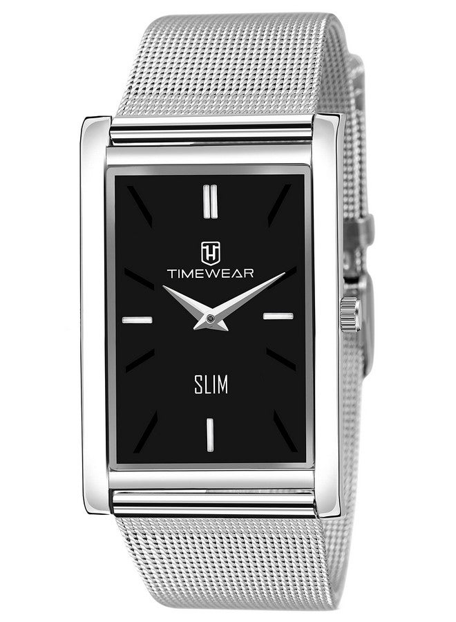 TIMEWEAR Men Slim Two Hands Stainless Steel Chain Analog Watch, Black Dial, Silver Band - Image 1