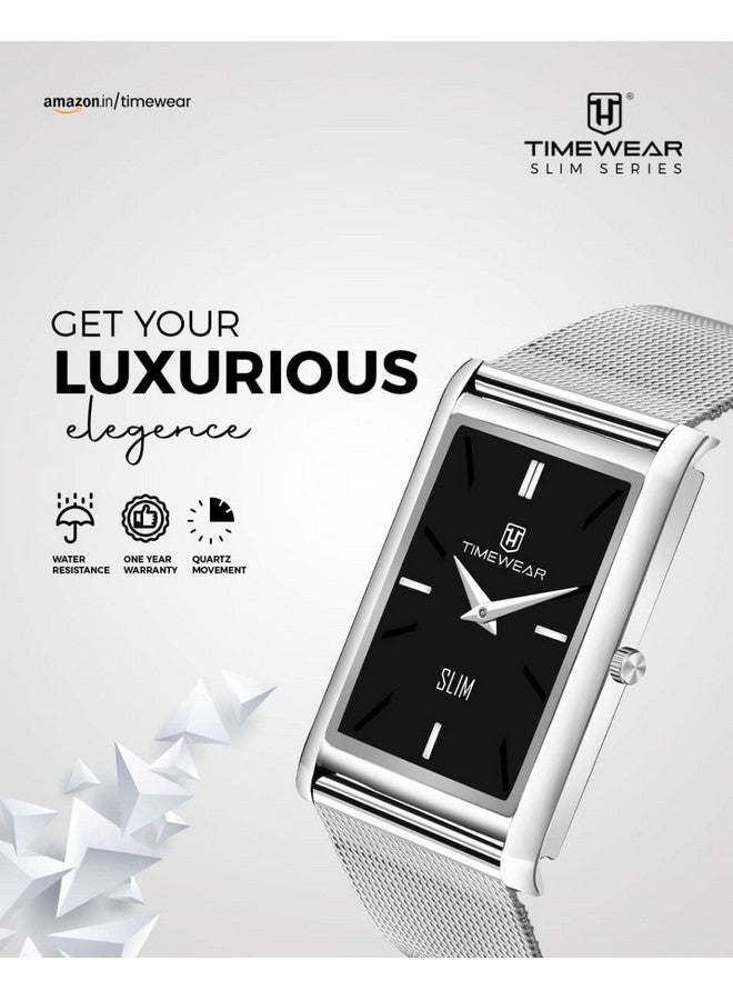 TIMEWEAR Men Slim Two Hands Stainless Steel Chain Analog Watch, Black Dial, Silver Band - Image 3