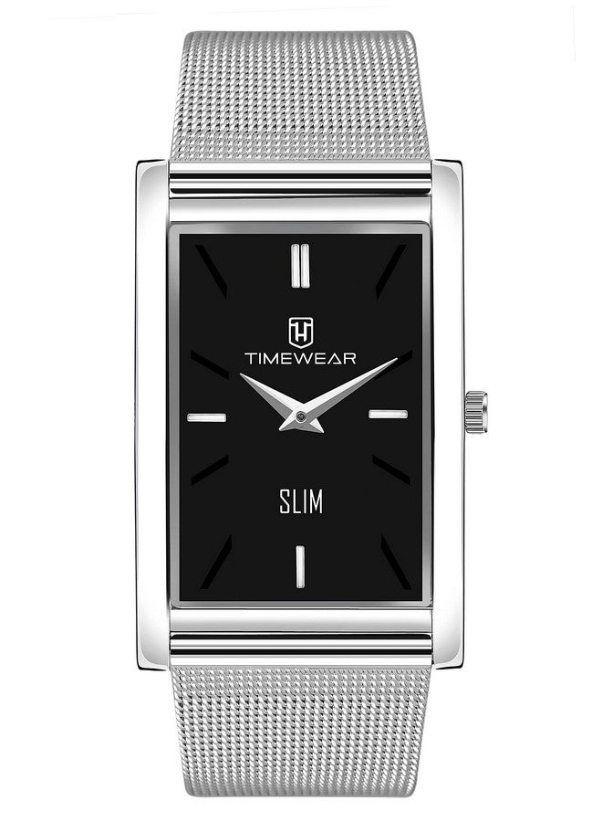 TIMEWEAR Men Slim Two Hands Stainless Steel Chain Analog Watch, Black Dial, Silver Band - Image 4
