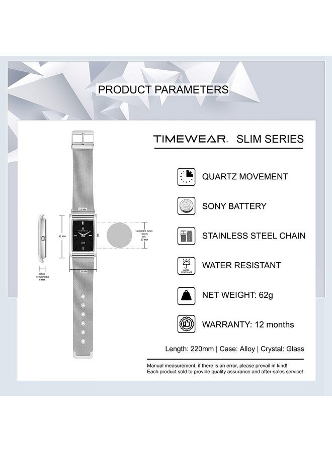 TIMEWEAR Men Slim Two Hands Stainless Steel Chain Analog Watch, Black Dial, Silver Band - Image 2