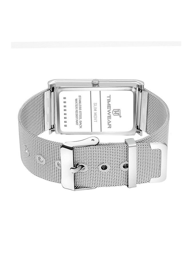 TIMEWEAR Men Slim Two Hands Stainless Steel Chain Analog Watch, Black Dial, Silver Band - Image 5