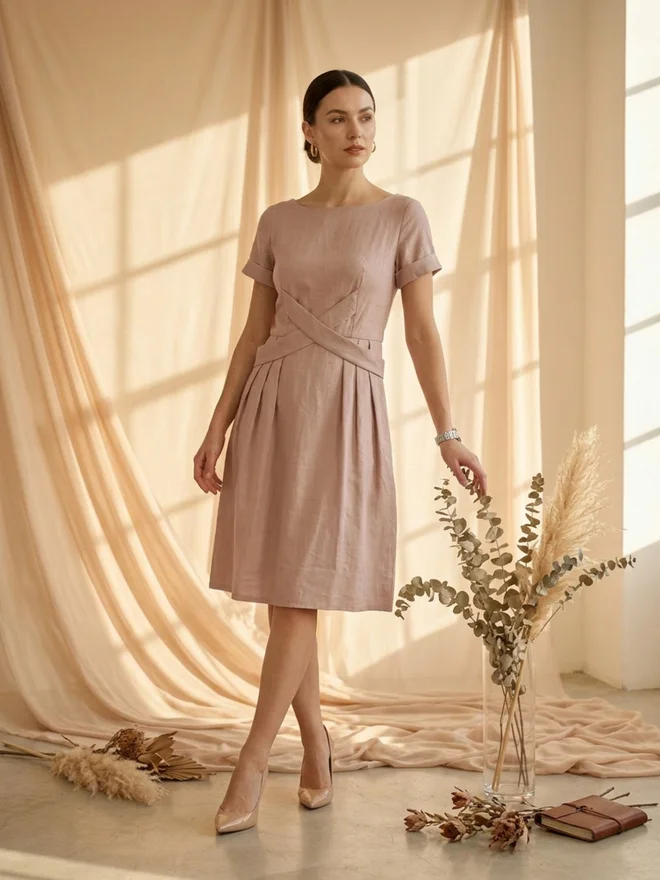Mish Pink Criss-Cross Waist Detail Knee Length Dress