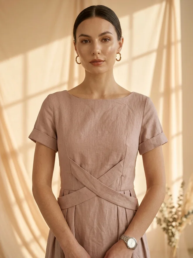 Mish Pink Criss-Cross Waist Detail Knee Length Dress