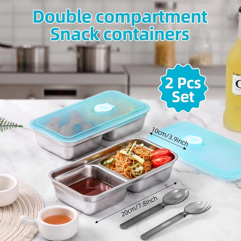 Stainless Steel Snack Storage Box with Lid Double-compartment Portable Reusable Lunch Box Suitable for Travel Camping and Home Kitchen Silver - Image 2