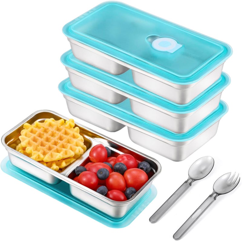 Stainless Steel Snack Storage Box with Lid Double-compartment Portable Reusable Lunch Box Suitable for Travel Camping and Home Kitchen Silver - Image 1