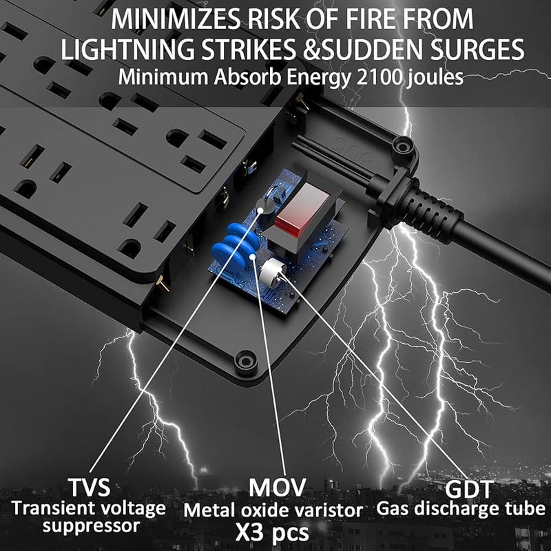 POWSAV Power Strip with 8 Ft, Surge Protector with 18 Outlets and 4 USB Ports(1 USB C Outlet), 8 Feet Extension Cord (1875W/15A), 2100 Joules, ETL Listed, Black - Image 5