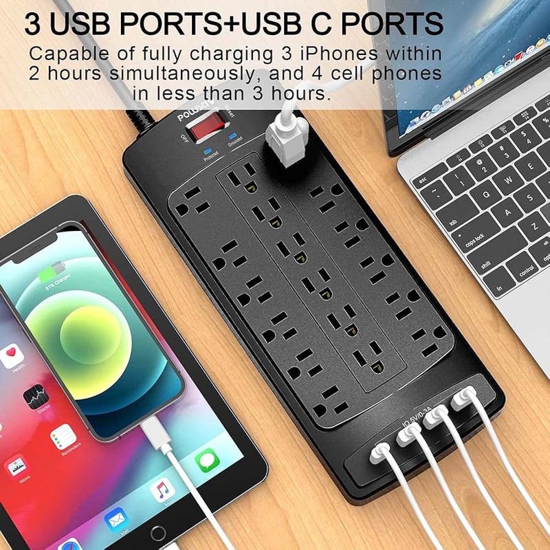 POWSAV Power Strip with 8 Ft, Surge Protector with 18 Outlets and 4 USB Ports(1 USB C Outlet), 8 Feet Extension Cord (1875W/15A), 2100 Joules, ETL Listed, Black - Image 3