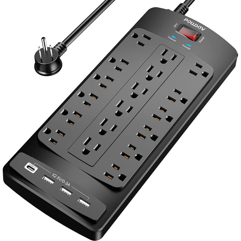 POWSAV Power Strip with 8 Ft, Surge Protector with 18 Outlets and 4 USB Ports(1 USB C Outlet), 8 Feet Extension Cord (1875W/15A), 2100 Joules, ETL Listed, Black - Image 1