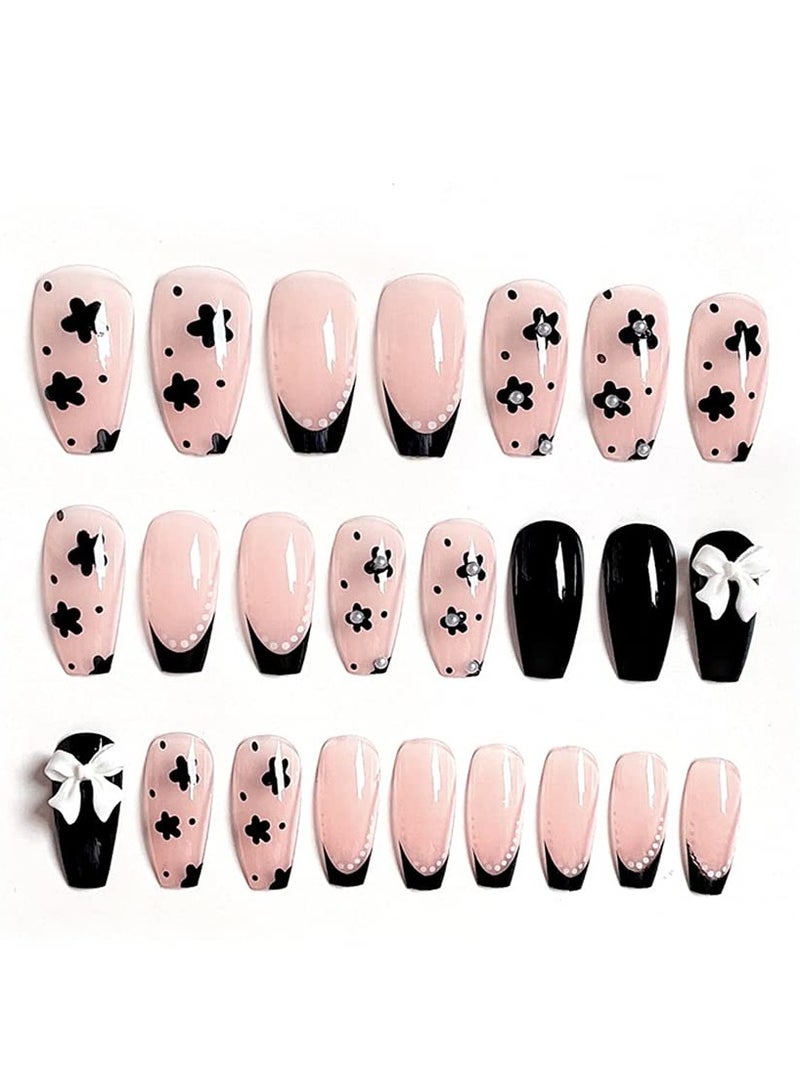 Glossy Pink Press on Nails with Floral Design 24Pcs Medium Length Artificial Nails for Stylish Nail Art Decoration - Image 4