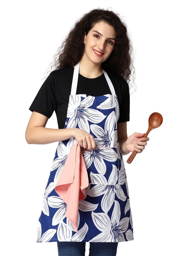 SAMI STUDIOS 100% Cotton Adjustable Bib Cooking Kitchen Aprons Orchid Bloom With Large Pockets,BBQ Design Baking Grill Restaurant For Men & Women UNISEX Washable 70x80 Cms Navy(SET OF 1 PC) - Image 1