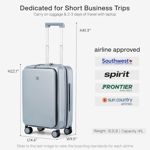 Hanke Grace Carry On Luggage with Wheels Airline Approved Hard Shell Suitcases with Front Pocket，Top Opening Luggage with TSA Lock for Short Business Travel， Grey. - Image 4