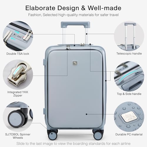 Hanke Grace Carry On Luggage with Wheels Airline Approved Hard Shell Suitcases with Front Pocket，Top Opening Luggage with TSA Lock for Short Business Travel， Grey. - Image 3