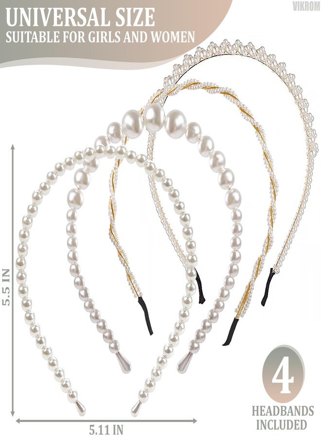 VIKROM BEAYFILY 4 Pack Pearls Headbands,White Faux Pearl Rhinestones Hairbands,Bridal Hair Hoop Wedding Hair Accessories for Women Girls - Image 2