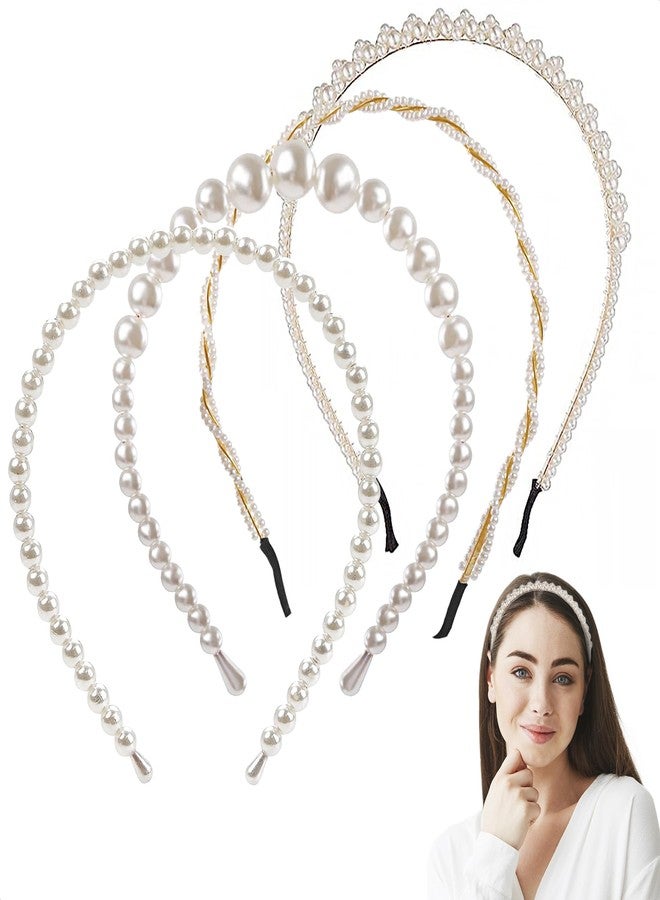 VIKROM BEAYFILY 4 Pack Pearls Headbands,White Faux Pearl Rhinestones Hairbands,Bridal Hair Hoop Wedding Hair Accessories for Women Girls - Image 1