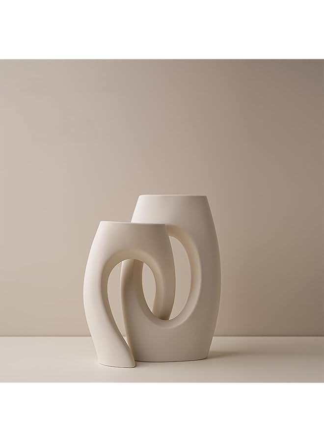 إيروريكس مجموعة مزهريات سيراميك بيضاء مكونة من مزهريتين عصريتين لديكور الرفوف على طراز الكتب الاسكندنافية البسيطة مزهريات زهور باامباس دائرية مجوفة غير لامعة للمنزل وغرفة حفلات الزفاف وطاولة العشاء وديكور الرف - Image 1