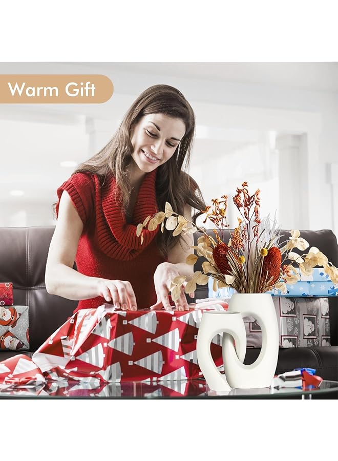 إيروريكس مجموعة مزهريات سيراميك بيضاء مكونة من مزهريتين عصريتين لديكور الرفوف على طراز الكتب الاسكندنافية البسيطة مزهريات زهور باامباس دائرية مجوفة غير لامعة للمنزل وغرفة حفلات الزفاف وطاولة العشاء وديكور الرف - Image 4