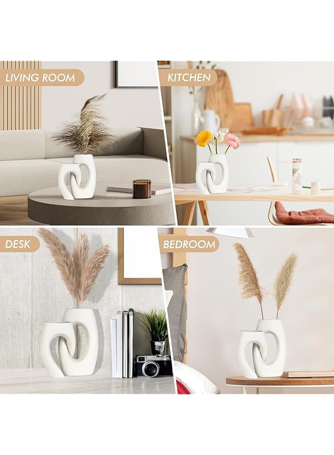 إيروريكس مجموعة مزهريات سيراميك بيضاء مكونة من مزهريتين عصريتين لديكور الرفوف على طراز الكتب الاسكندنافية البسيطة مزهريات زهور باامباس دائرية مجوفة غير لامعة للمنزل وغرفة حفلات الزفاف وطاولة العشاء وديكور الرف - Image 5
