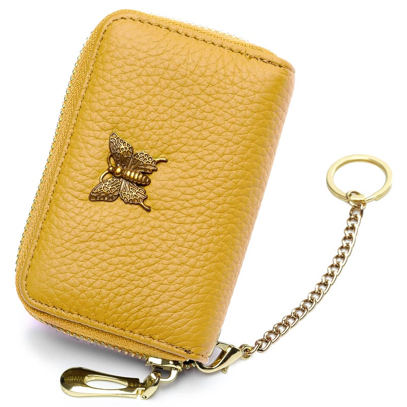 imeetu RFID Credit Card Holder for Women Genuine Leather Card Case Wallet with Zipper and Removable Keychain (Yellow) - Image 1