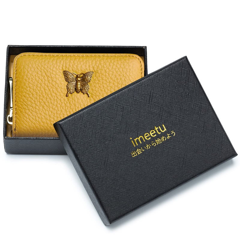 imeetu RFID Credit Card Holder for Women Genuine Leather Card Case Wallet with Zipper and Removable Keychain (Yellow) - Image 2