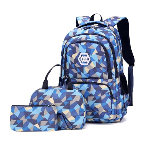 Bansusu 3Pcs Geometric Print Boys Backpack and Lunchbox Set for School Kids, Capacity School Backpack for Boys Elementary School - Image 1