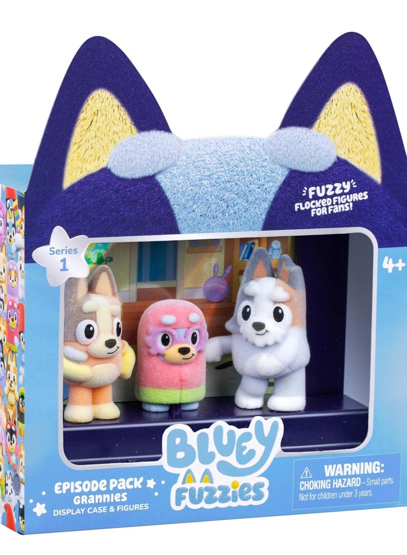 BLUEY Fuzzies Episode Pack: Grannies – 3 Specially Flocked Mini-Figures, 1 Exclusive, Display Case, Trading Card & Collector’s Guide, 80 to Collect in Series 1 - Image 1