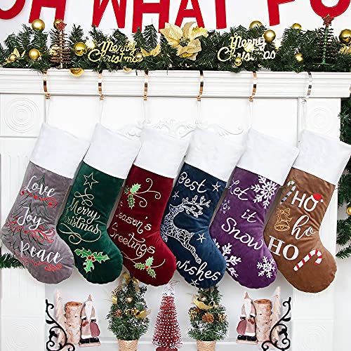 GEX Christmas Stockings 6 Pack for Family 22 Large Embroidered Classic Luxury Velvet Red Green Purple Blue Grey Brown Decorations for Fireplace Xmas Season Set of 6 - Image 3