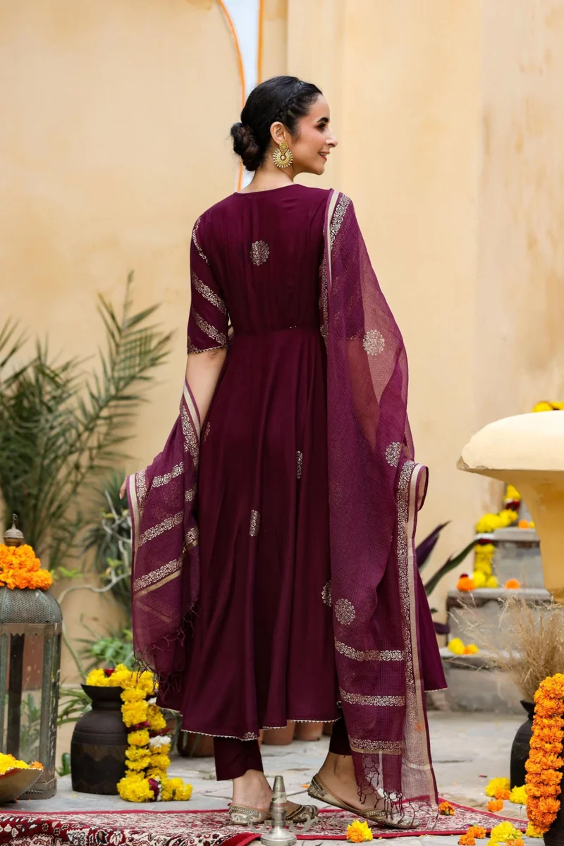 GoSriKi مزيج قطن نسائي مطبوع بكورتا أناركلي مع بنطال ونبيذ دوباتا