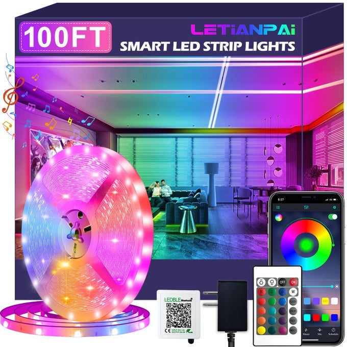 100FT LED STRIP LIGHTSLONG SMART LED LIGHT STRIPS MUSIC SYNC 5050 RGB COLOR CHANGING ROPE LIGHTSBLUETOOTH APPIR REMOTESWITCH BOX CONTROL LED LIGHTS FOR BEDROOMHOME DECORATIONPARTYFESTIVAL