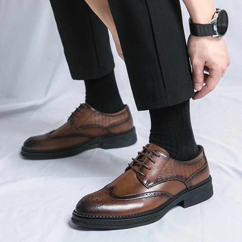 Men'S Cow Leather Brogue Carved Leather Shoes 2024 Men'S Business Dress Platform Groom Wedding Trendy Shoes - Image 2