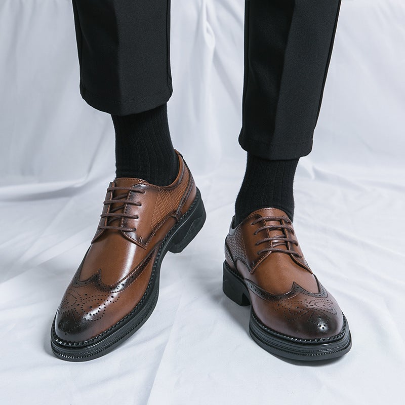 Men'S Cow Leather Brogue Carved Leather Shoes 2024 Men'S Business Dress Platform Groom Wedding Trendy Shoes - Image 3