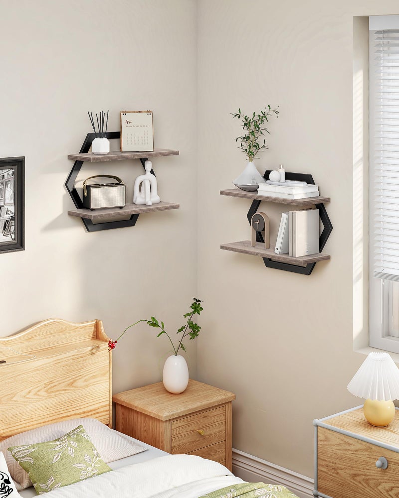 CHOEZON Hexagon Floating Shelves for Wall, Set of 2, 2 -Tier Hanging Shelves, Wall Mounted Storage Shelves, for Living Room, Bedroom, Kitchen, Home Office, Study, Greige TBJ06P2BG - Image 4