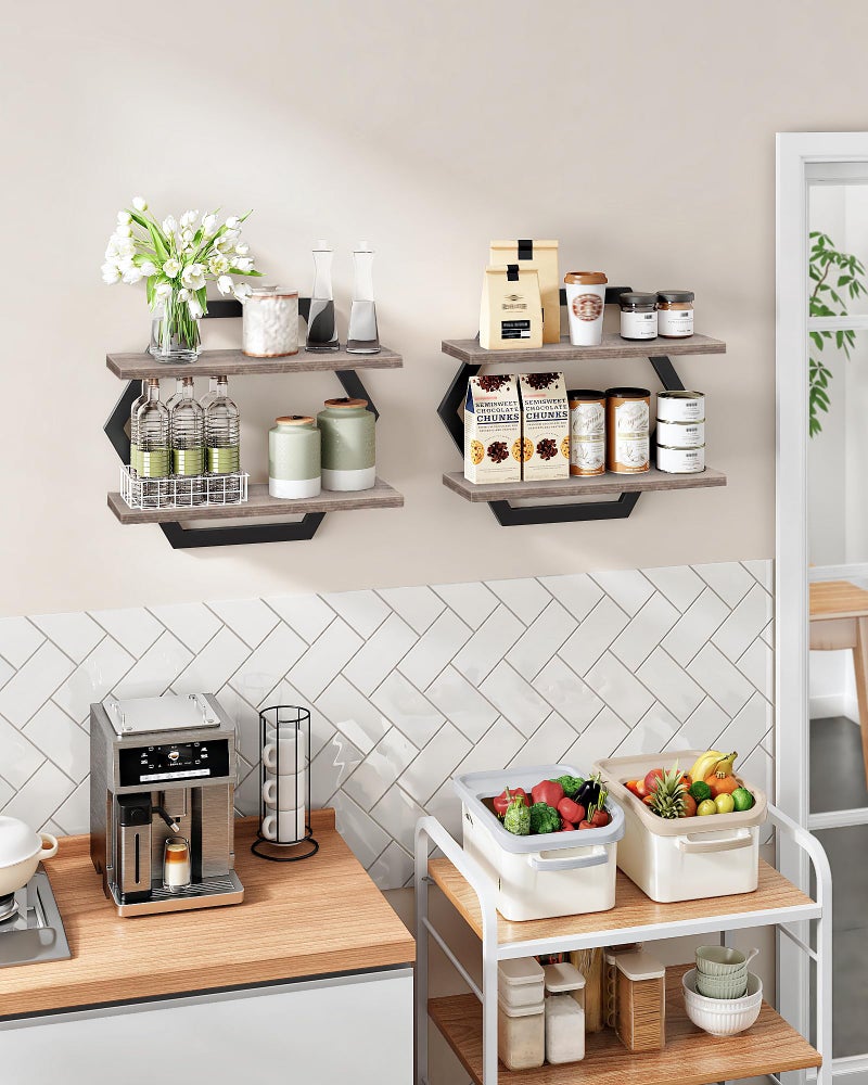 CHOEZON Hexagon Floating Shelves for Wall, Set of 2, 2 -Tier Hanging Shelves, Wall Mounted Storage Shelves, for Living Room, Bedroom, Kitchen, Home Office, Study, Greige TBJ06P2BG - Image 3