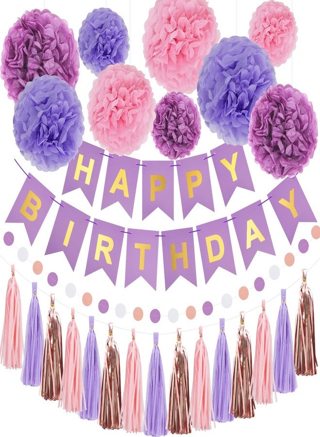 RUBFAC Purple Pink Birthday Party Decorations Set With Happy Birthday Banner, Tissue Paper Pompoms, Tassel Garland, and Circle Dots Garland for Women Girls - Image 1