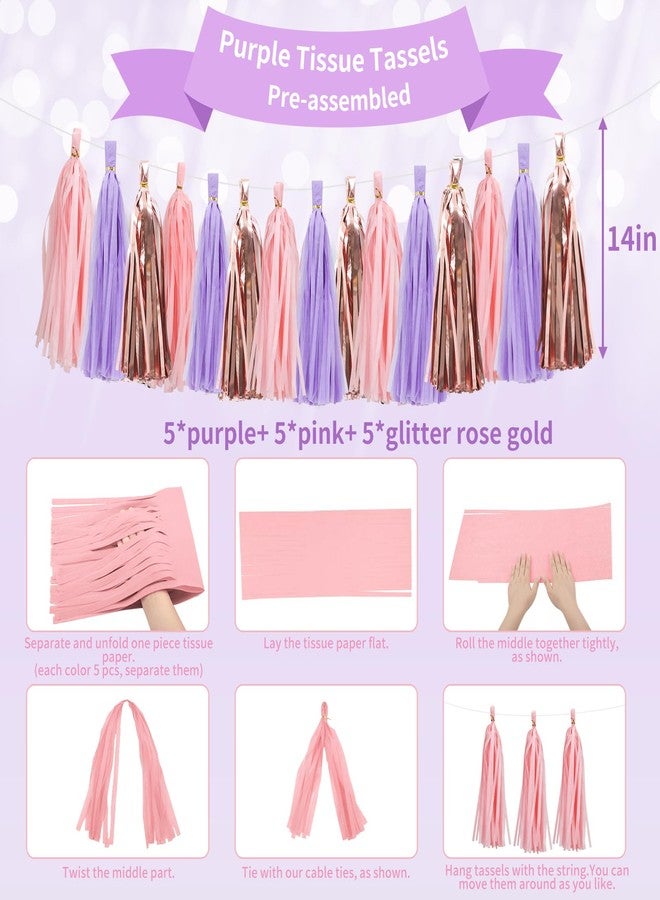 RUBFAC Purple Pink Birthday Party Decorations Set With Happy Birthday Banner, Tissue Paper Pompoms, Tassel Garland, and Circle Dots Garland for Women Girls - Image 3