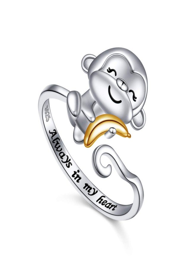 FLYOW 925 Sterling Silver Always in My Heart Cute Animal Monkey with Banana Adjustable Ring Birthday Jewelry for Women Monkey Lovers, Size 9 - Image 1